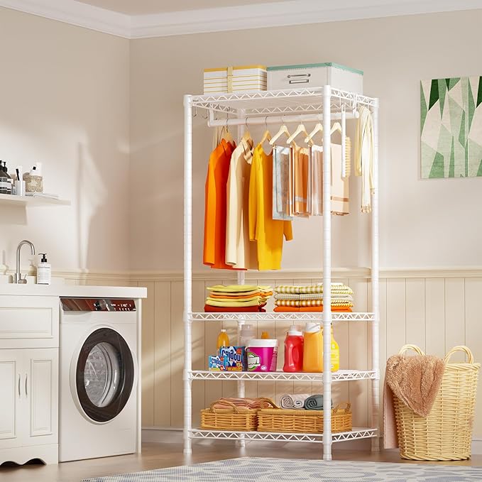 Ulif H4 Mini Portable Closet, 4 Tiers Freestanding Clothing Garment Rack for Small Space, Metal Clothes Wardrobe System for Bedroom, 23.6" W x 14" D x 76.4" H, Load 502 lbs, White | Metal Clothes Wardrobe System for Apartment, Small Space and Bedroom, ...
