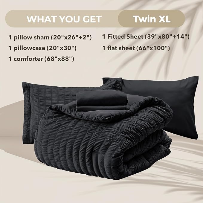 HYMOKEGE Black Twin XL Comforter Set Seersucker 5 Pieces, All Season Luxury Bed in a Bag for Bedroom, Bedding Set with Comforters, Sheets, Pillowcase & Sham