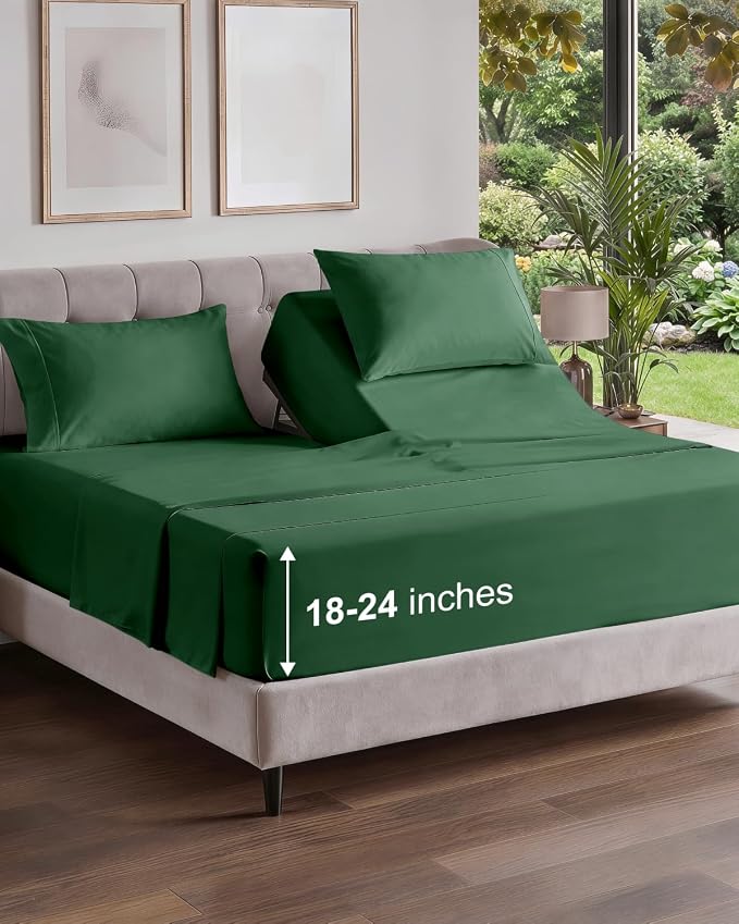 Flex Top Split Head King Sheet Set - 4 Piece Extra Deep - Emerald Green | Easily Fits 18 to 24 inch Mattress, Ultra Soft, Wrinkle & Fade Free with Extra Deep Pockets, Comfy Hotel Luxury Bedding
