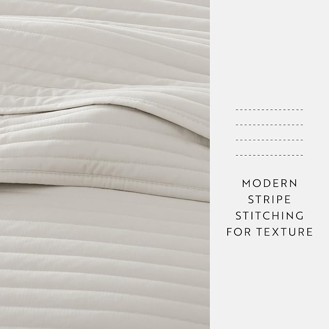 Merit Linens Modern Quilt Coverlet Soft Set in Stripe Stitching - King/Cal-King Natural