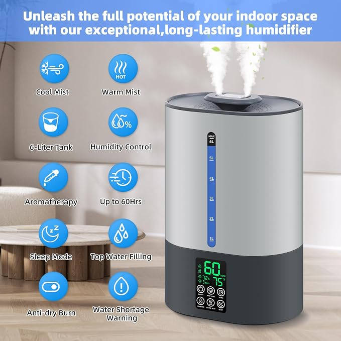 Coolfiqu 6L Warm & Cool Mist Humidifiers for Bedroom,Large Room,Plants | Quiet Top Fill Ultrasonic Humidifier,Essential Oil Diffuser, Auto Humidity Control,Hot Mist Desk Humidifiers,360° Nozzle