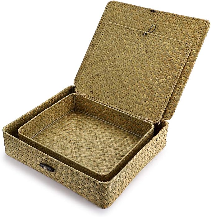 Hipiwe 2 Packs Flat Wicker Basket Box with Lid Woven Seagrass Storage Bins | Handwoven Basket Boxes for Shelf Organizing, Home Decorative Bins Box for Home Decor, Natural Color