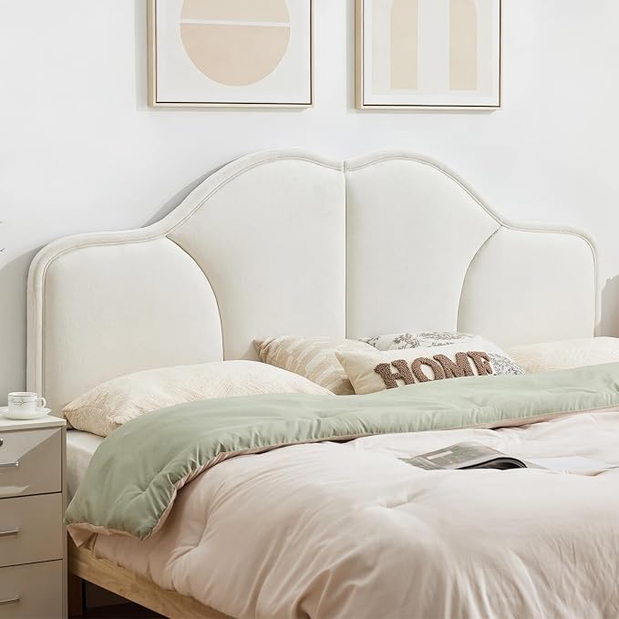 Queen Size Headboard Only Upgraded One-Piece Upholstered Headboard | Adjustable Height&Width, Full Bed Headboards, Modern Curved Velvet Fabric Padded Head Board, White