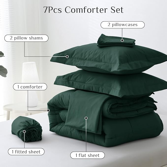 JOLLYVOGUE Queen Comforter Set, Ultra-Soft Bed in a Bag Queen Size 7 Pieces, Oeko-TEX Certified Bedding Set with Down Alternative Comforter, Sheets, Pillowcases & Shams, Emerald Green