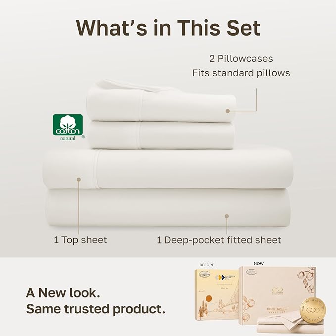 California Design Den Soft 100% Cotton Sateen Full Sheets, 4 Pcs Set | 400 Thread Count Backed by Good Housekeeping Seal, 16" Deep Pocket, All-Around Elastic, Easy Care - Ivory (Pale Tone)