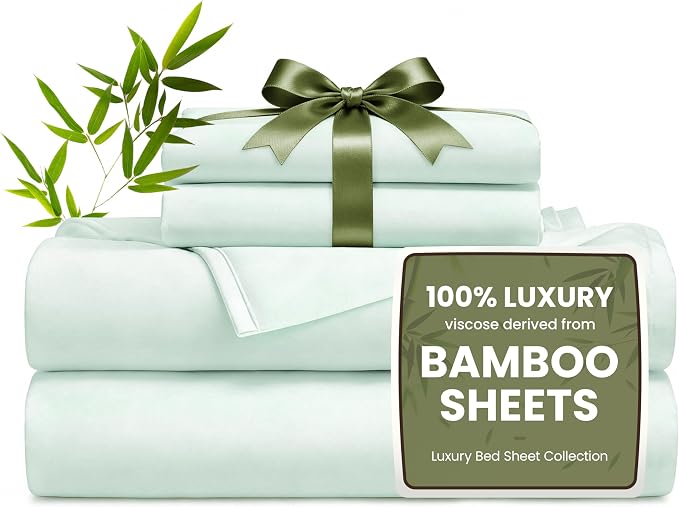 Love's cabin 4 Piece Full Size Sheet Set, 100% Rayon Derived from Bamboo, Cooling & Breathable, Soft Silky Deep Pocket up to 16", Hotel Luxury Bedding for Hot Sleepers, Sea Glass