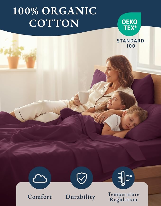 LANE LINEN Twin Sheets 100% Organic Cotton Soft 3pc Percale - Windsor Wine | Twin Sheet Set, Organic Cotton Percale - Best-Value Affordable Luxury, Honest-Price