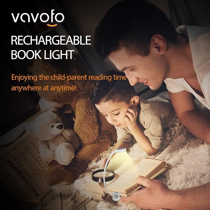 VAVOFO Rechargeable Book Light, 14 LEDs Eye Care Clip On Amber Reading Light for Bookworms Reading in Bed with 9 Colors 9 Brightness (White-Blue)
