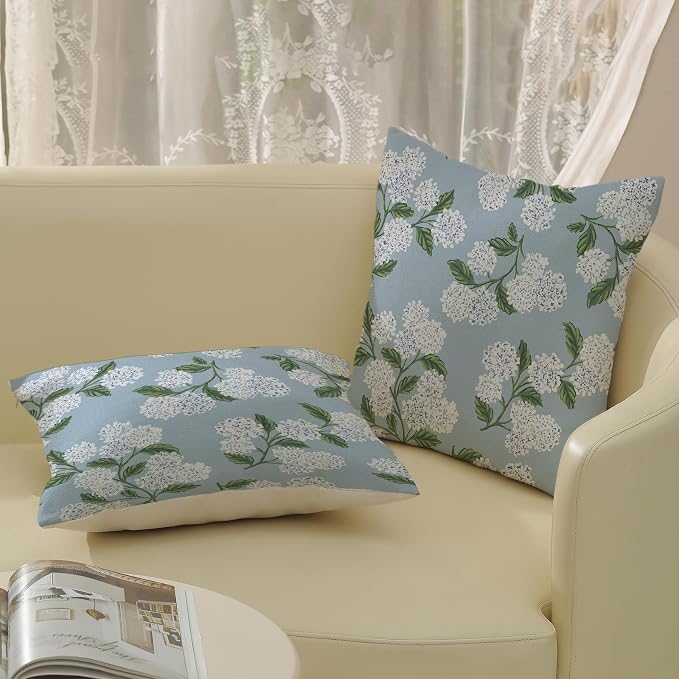 Light Blue Pillow Covers 16x16 Inch 2 Pcs Blue Green Hydrangea Flower Decor Throw Pillows Vintage Floral Seasonal Spring Summer Outdoor Decoration Pillowcase Linen Cushion Cover for Couch Sofa