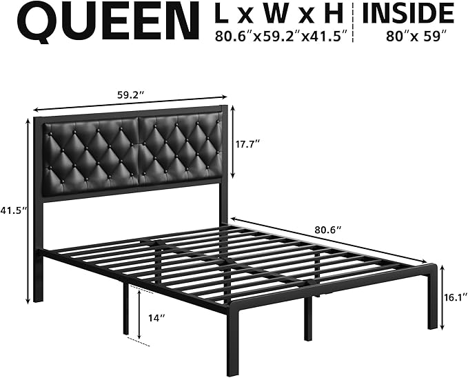 Fluest Queen Bed Frame with Headboard PU Leather Upholstered Bed Frame Platform,All Metal Slats Support Platform Bed Frame with Storage Space,Easy Assembly,Noise Free,No Box Spring Needed,Black