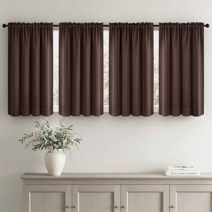 MIULEE 4-Panel 36 Inch Blackout Kitchen Tier Curtains Over Sink Dark Brown | Privacy Protection, Heat/Light Blocking, Cafe Curtains, Top&Bottom Rod Pocket, Suitable for Small Windows, Soft&Durable