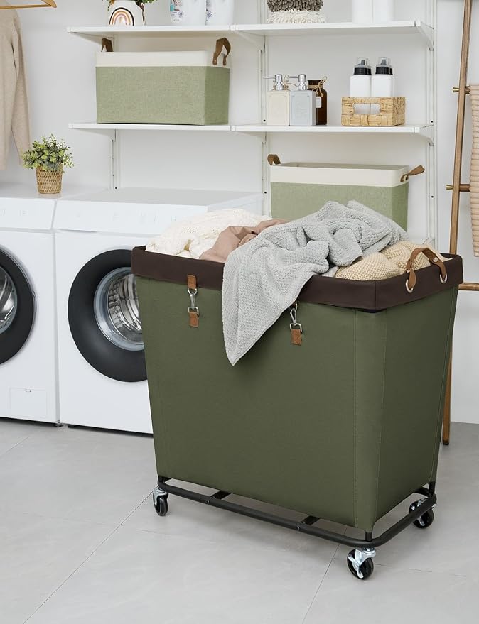 StorageWorks 320L Laundry Basket with Wheels, Rolling Hampers for Clothing | Extra Large Green Laundry Basket with Wheels, Metal Frame & Handles, Hamper for Bedroom, Bathroom, Hotel