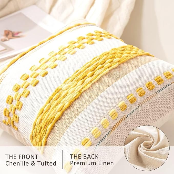Boho Throw Pillow Covers Decorative Neutral Farmhouse Pillow case | 18x18 Set of 2 Cushion Case Striped Square Pillows Cover Couch Pillow Cases Accent Pillowcase for Sofa Bed,Yellow