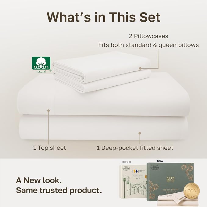 California Design Den 600 Thread Count Bed Sheets Queen Size Set,True Ivory | 100% Cotton Sateen Backed by Good Housekeeping Seal, Soft & Smooth, 16" Deep Pocket, All-Around Elastic, Durable, Easy Care