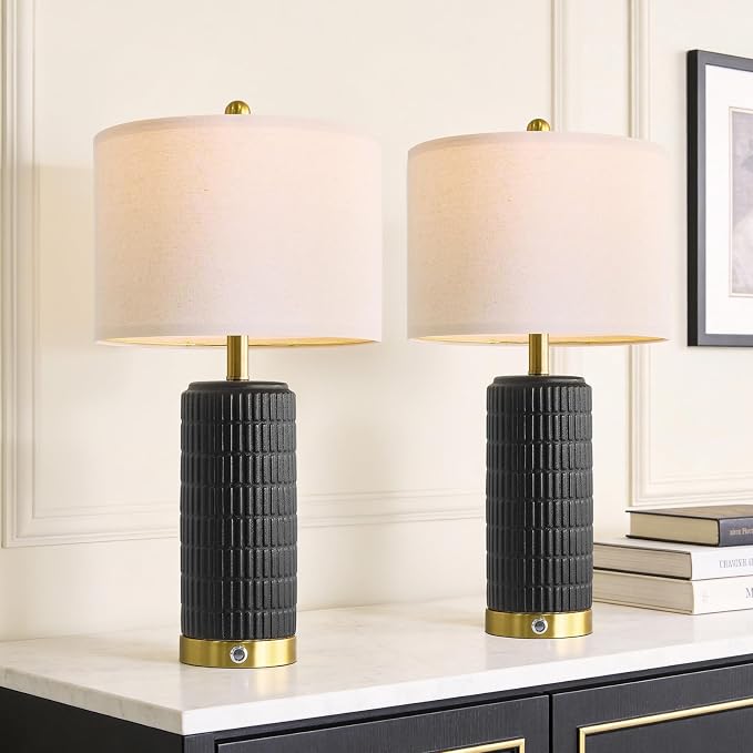 PoKat Ceramic Table Lamps Set of 2 for Living Room, 25'' Modern Touch Bedside Lamps for Bedroom with 2 USB Ports, Farmhouse Black Matte-Textured Nightstand Lamps Office Home Decor (Bulbs Included)