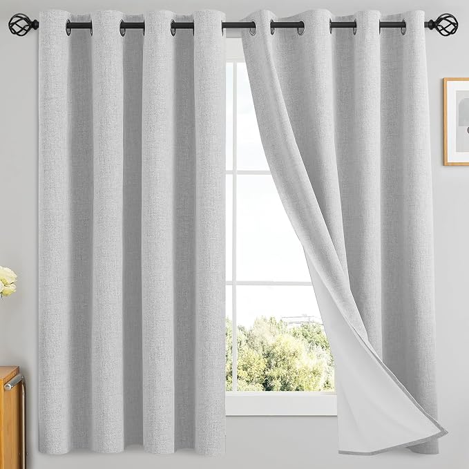 Yakamok White Linen Textured Curtains 63 Inches Long for Living Room | 100% Blackout Curtains,Room Darkening Curtains,Thermal Grommet Bedroom Curtain 2 Panels with Greyish White Liner,52W x 63L