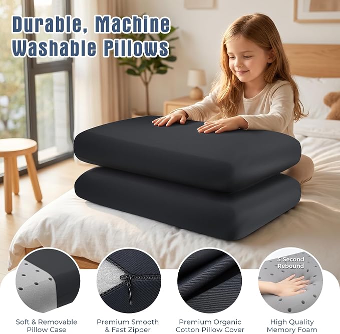 Black Memory Foam Pillows 2 Pack,Queen Size Slow Rebound Cooling Bed Pillows, Medium Firm Support with Removable Washable Cover, Neck & Shoulder Pain Relief, Perfect for Side, Back