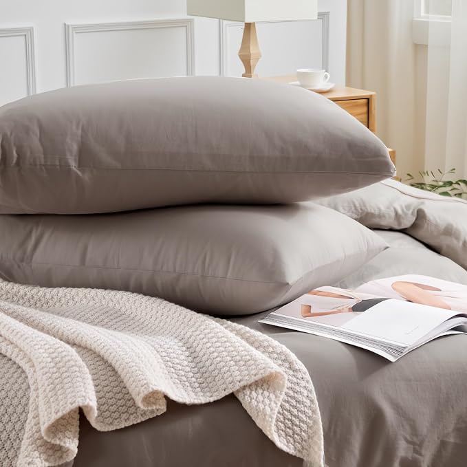 NEXHOME PRO Duvet Cover Set Twin Size Linen Look Textured Organic Natural 100% Washed Cotton Duvet Cover Linen Cream Grey 2 Pieces Bedding Set with Zipper Closure, Breathable (No Comforter)
