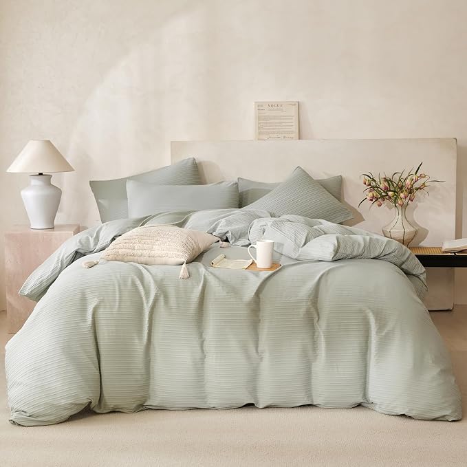 Sage Green King Size Comforter Set Striped Luxury Washed Microfiber Jacquard 3 Pieces Bedding, Sage Green Vertical Ticking Striped Comforter with 2 Pillowcases Soft Breathable Durable Comfy