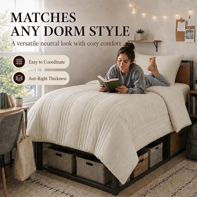 Twin Comforter Set Beige - 5 Pieces Complete Bedding Set | College Dorm Essentials, OEKO-TEX Certified, 240GSM Down-Alternative Comforter, 14" Deep-Pocket Sheets, Sham & Pillowcase