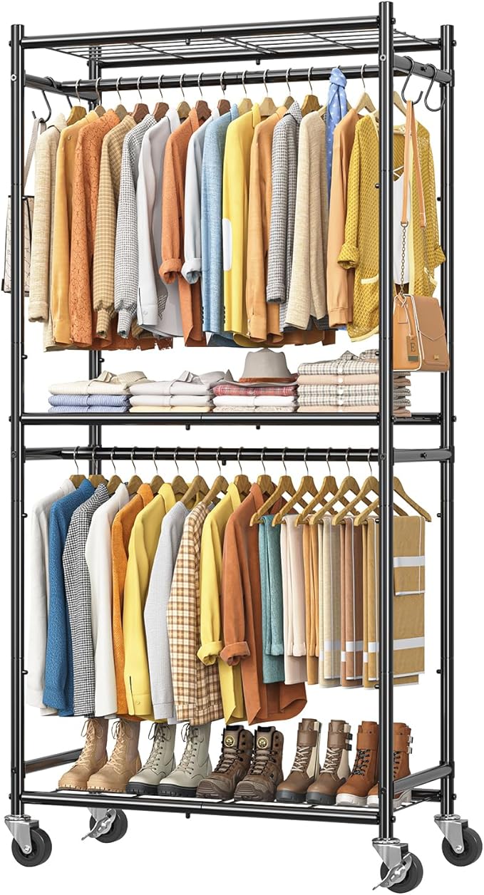 Simple Trending Clothes Rack, Clothing Rack, Portable Closet, Black | Wardrobe Closet with Mesh Shelves & Hooks, Metal Garment Rack, 360° Lockable Wheels, Multi-Functional, for Bedroom, Laundry