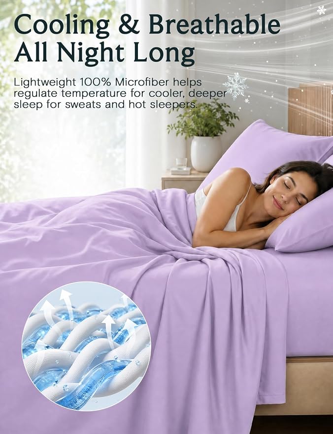 LuxClub 4 PC King Sheet Set, Deep Pockets Wrinkle Free Cooling Bed Sheets Hotel Bedding for Women, Men, Includes 1 Fitted Sheet, 1 Flat Sheet and 2 Pillowcases-Soft Lavender | LuxClub Silky Fitted Sheet & Pillowcase Sets, Breathable Hotel Luxury Beddin...