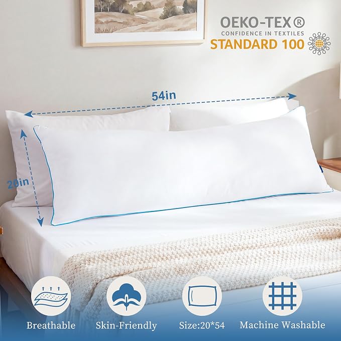YZ HOME Full Body Pillow Insert -Large Long Bed Pillow for Side Sleeper | Full Body Pillow for Adults, Adjustable Height, Long Sleeping Breathable Bed Pillow-(White,20x54'')