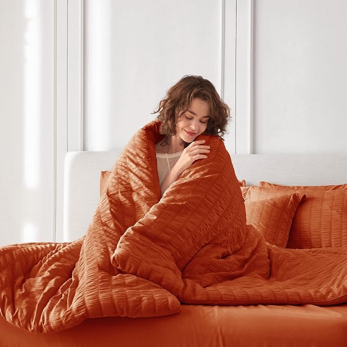 5 Pieces Twin XL Comforter Set, Seersucker Bed in a Bag Twin XL Size, All Season Luxury Bedding Set with Comforter, Flat Sheet, Fitted Sheet, Pillowcase & Sham, Burnt Orange