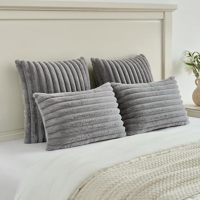 FUTEI Pack of 2 Faux Fur Throw Pillow Covers 24x24 Inch, Grey | Fluffy Faux Rabbit Fur Front/Premium Velvet Back,Hidden Zipper,Machine Washable,Non-Shedding,Colorfast,Insert Not Included.