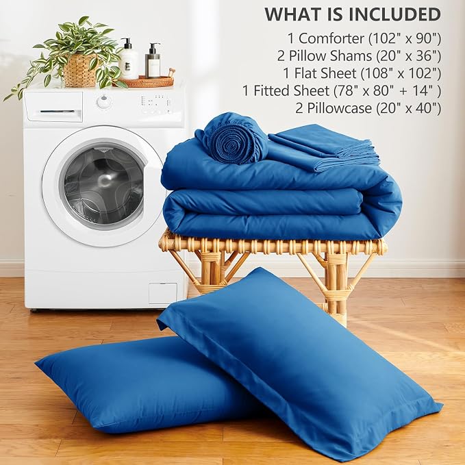 HIMEET King Comforter Set, 7-Piece Point-Quilted Bed in a Bag, Classic Blue | OEKO-TEX Certified, Lightweight 240 GSM Comforter, Flat Sheet, 14-Inch Deep-Pocket Fitted Sheet, Pillowcases & Shams