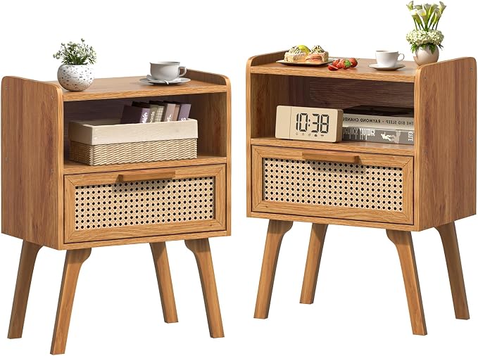 Lerliuo Rattan Nightstands Set of 2, Side Table with Drawer | Bedside End Table with Solid Wood Legs, Mid Century Modern Night Stand for Bedroom, Dorm and Small Spaces (Tea Brown)