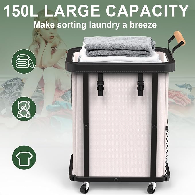150L Laundry Basket with Wheels,Rolling Basket Hamper with Lid&Handle White | Laundry Organizer Storage Cart with Heavy Duty Sturdy Metal Frame for Home, Hotel, Laundry Room