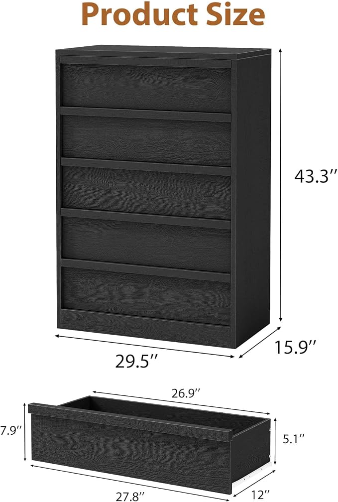 Garvee 5 Dresser for Bedroom, 43.3" Tall Dresser, Freestanding Horizontal Drawer with Storage, Wooden Closet Chest Storage for Living Room, Hallway, Entryway, Black