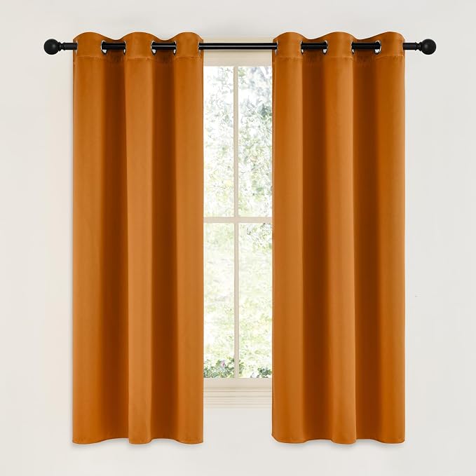 NICETOWN Room Darkening Cafe Satin Curtains for Small Windows, 42" Wide by 63" Long, 2 Panels, Orange, Grommet Privacy Faux Silk Blackout Drapes for Bedroom