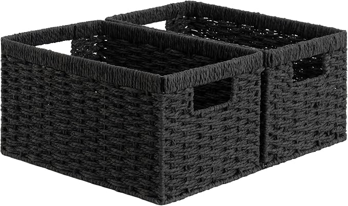StorageWorks Wicker Storage Baskets for Organizing, Black Baskets, 2-Pack | Paper Rope Black Wicker Baskets, Wicker Storage Baskets for Shelves, Pantry Organizers and Storage, Black Woven Baskets