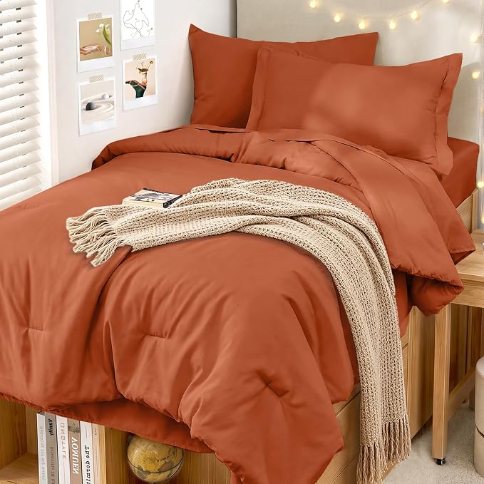 5 Pieces Twin XL Comforter Set, Soft Bed in a Bag Twin XL Size, All Season Bedding Set with Comforter, Flat Sheet, Fitted Sheet, Pillowcases & Shams, Burnt Orange