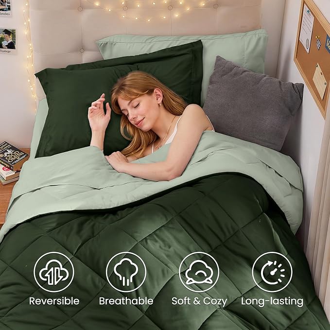 5 Pieces Twin XL Comforter Set, Reversible Bed in a Bag Twin XL Size, All Season Bedding Set with Comforter, Flat Sheet, Fitted Sheet, Pillowcases & Shams, Dark Green & Light Green