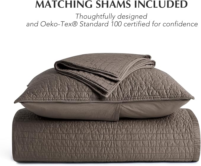 EVERGRACEHOME Cotton Sateen Quilt Set, Oversized Cal King, Mocha Brown | 100% Cotton, Channel Stitch Coverlet Bedspread, Pre-Washed Lightweight Soft Bedding Set for All Season, 3 Piece, with 2 Shams