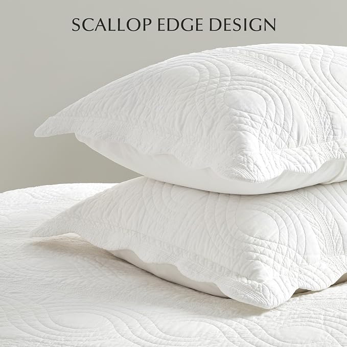 100% Cotton Scallop Quilt Set, Queen Size, Bright White | Scalloped Border, Timeless Chic Aesthetic, All-Season Comfort, Perfect French Country Bedroom Decor, 3 Piece Set with 2 Shams