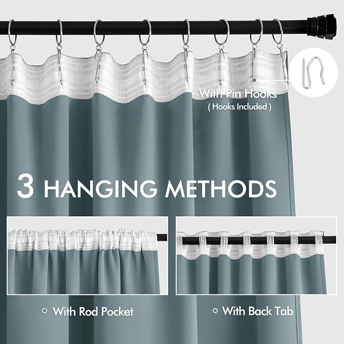 MIULEE Greyish Blue Back Tab Blackout Curtains 52x102 Inch Long 2 Panel Set | Rod Pocket Pinch Pleated, Thermal Insulated, Bedroom Living Room Darkening Drapes, Light Blocking Floor to Ceiling Curtains