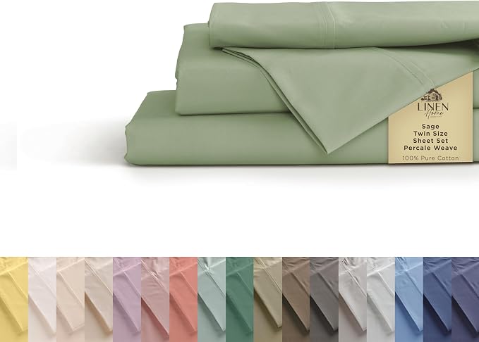 Linen Home 100% Cotton Percale Sheets Twin Size, Sage, Deep Pocket, 3 Pieces Set - 1 Flat, 1 Deep Pocket Fitted Sheet and 1 Pillowcase, Crisp Cool and Strong Bed Linen