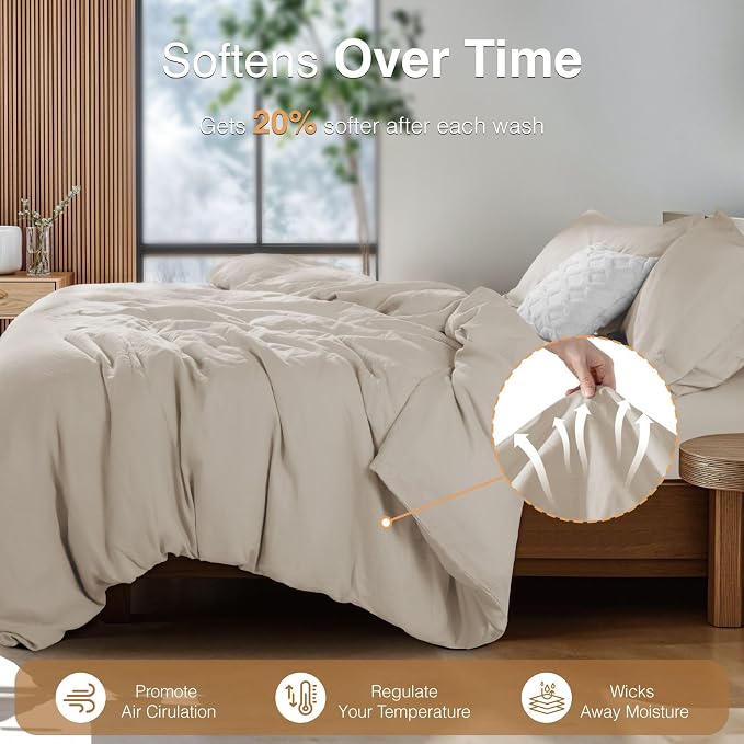 SONORO KATE 100% French Linen Queen Duvet Cover Set,Zipper Closure,3PC | Natural French Flax,Soft Breathable for Hot Sleepers,Moisture Wicking & Durable,4 Corner Ties,Natural Linen