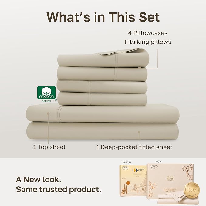 California Design Den 100% Cotton Sateen King Size Sheets Set, 6 Pcs, Beige | 6 Pcs with 4 Pillowcases, 400 Thread Count Backed by Good Housekeeping Seal, 16" Deep Pocket, All-Around Elastic, Durable