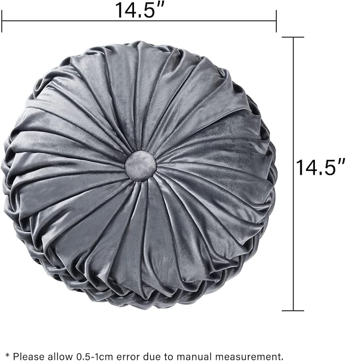 HIG Set of 2 Dark Gray Velvet Decorative Round Pleated Throw Pillows | Vintage Floor Pillows, Classy Accent Pumpkin with Center Button, for Sofa Couch Vanity Chair Bed, 14.5" Diameter