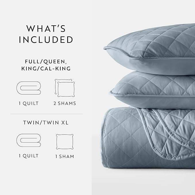 Merit Linens Modern Quilt Coverlet Soft Set in Diamond Stitching - Full/Queen Dusk Blue