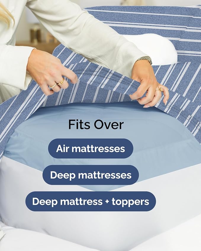 Extra Deep Flex Top Split Head King Sheet Set - 6 Piece Breathable and Cooling Sheets - Hotel Luxury Bedding for Women, Men, Kids & Teens - Easy Secure Fit - Extra Deep Pockets - Blue Stripes 3