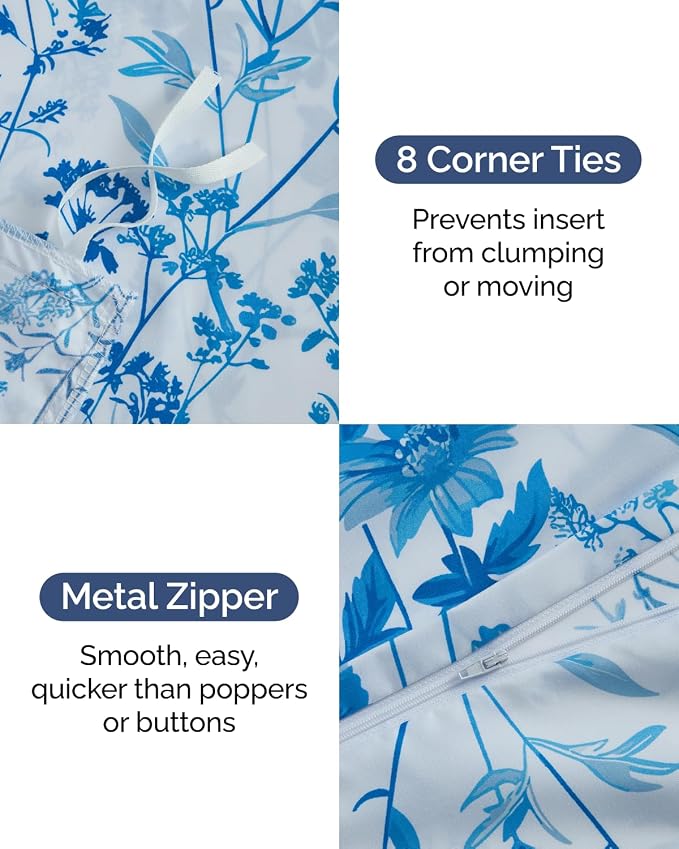 Duvet Cover King - Floral Duvet Cover - 3 Piece - Blue Dainty Floral | Soft Floral Duvet Cover 104 x 90 with 2 Pillow Shams, Zipper Closures & Ties, Floral Bedding for Women, Men, Kids & Teens