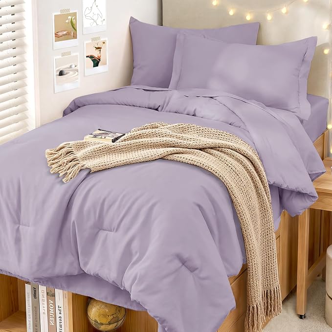 5 Pieces Twin XL Comforter Set, Soft Bed in a Bag Twin XL Size, All Season Bedding Set with Comforter, Flat Sheet, Fitted Sheet, Pillowcases & Shams, Lavender
