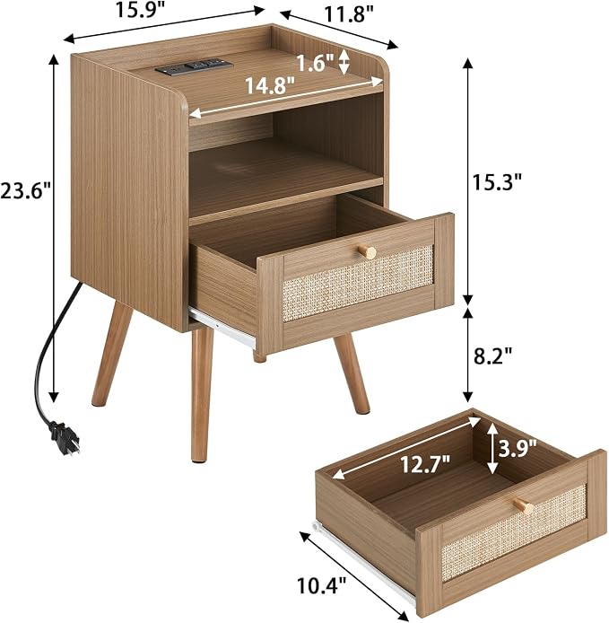 MECHYIN Night Stand Set 2, Nightstands Set of 2 with Charging Station, Rattan Side Tables with Solid Wood Legs, Boho Bedside End Table for Apartment Bedroom Dorm Small Space