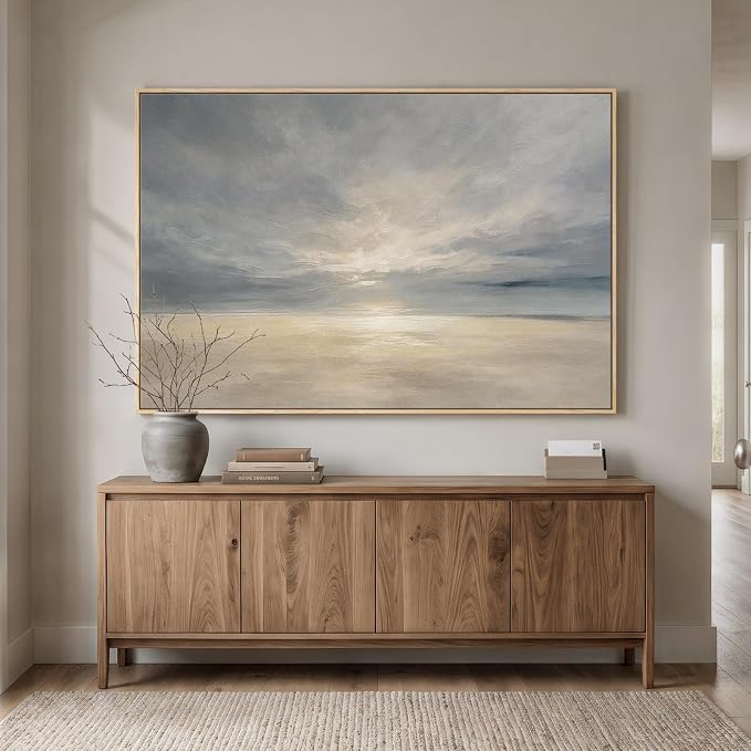 Extra Large Framed Beige Blue Coastal Abstract Wall Art, Horizontal 60x40 | Oversized beach pictures, Canvas prints, Wood frame, Modern paintings, Wall decor for living room bedroom dining room office